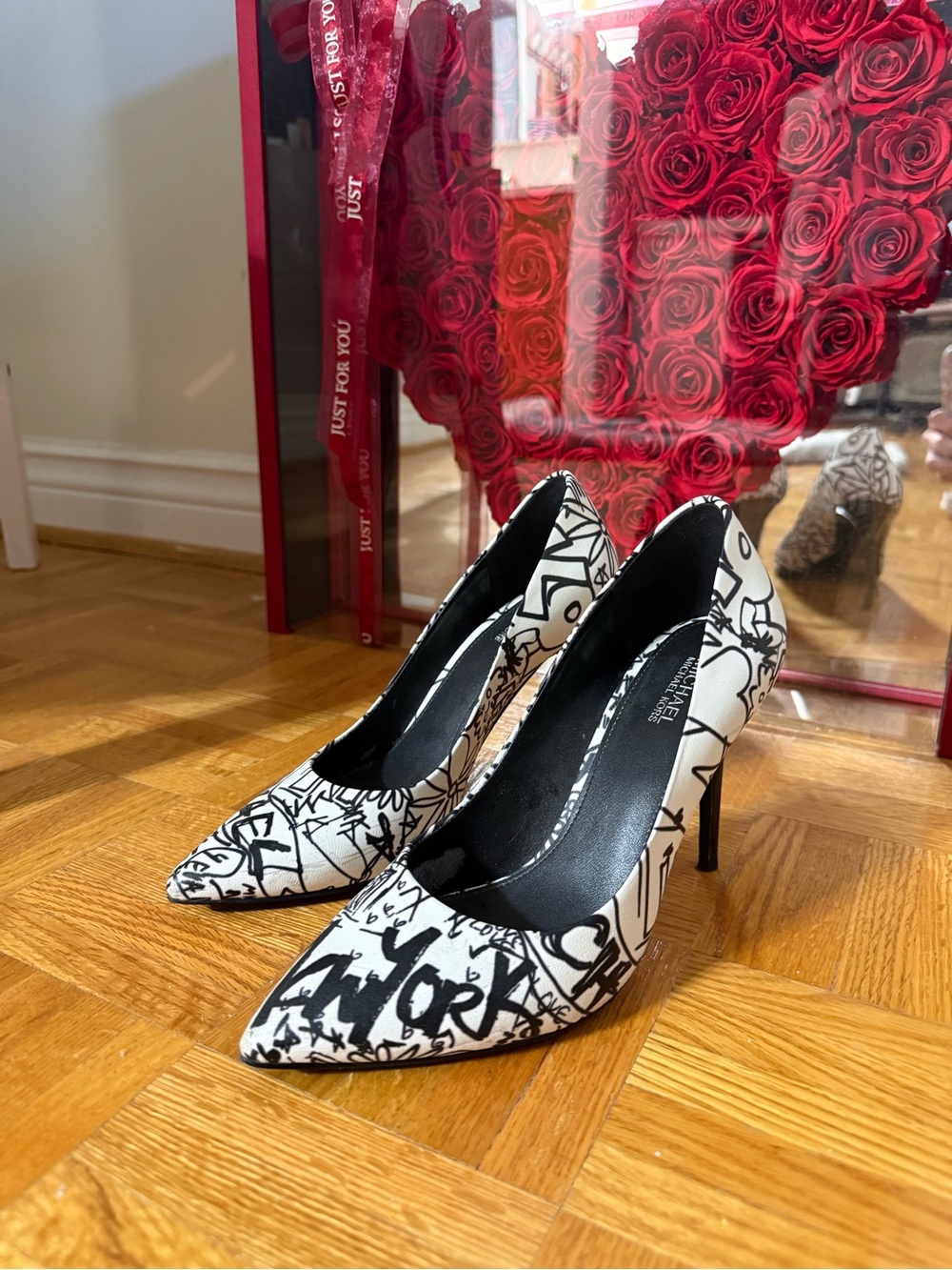 Michael Kors Black and White Graffiti Pointed Toe Pumps